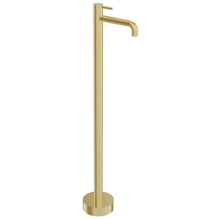Tube monomando montado en suelo para lavabo tótem acabado oro cepillado.