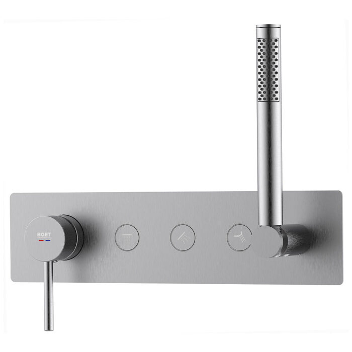 Tube monomando empotrada y push 3 vías con placa acabado níquel cepillado PVD.