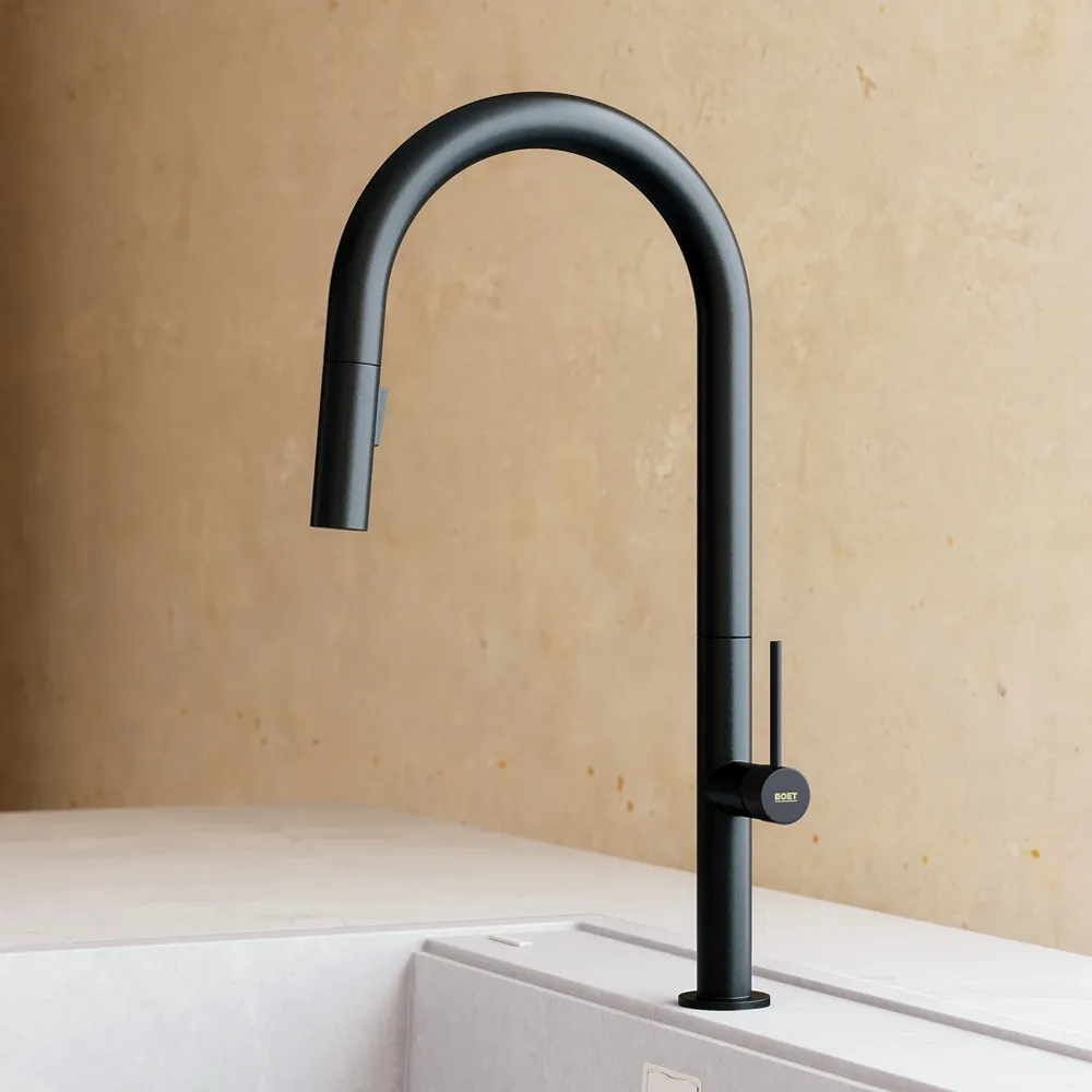 Grifo monomando de cocina negro mate con caño extensible y apertura en frío