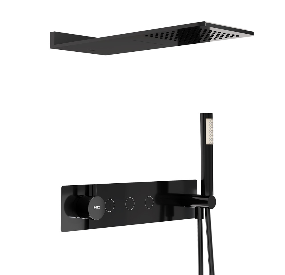 Pack tube monomando ducha empotrada push de 3 vías con accesorios: rociador con cascada slim inox cuadrado