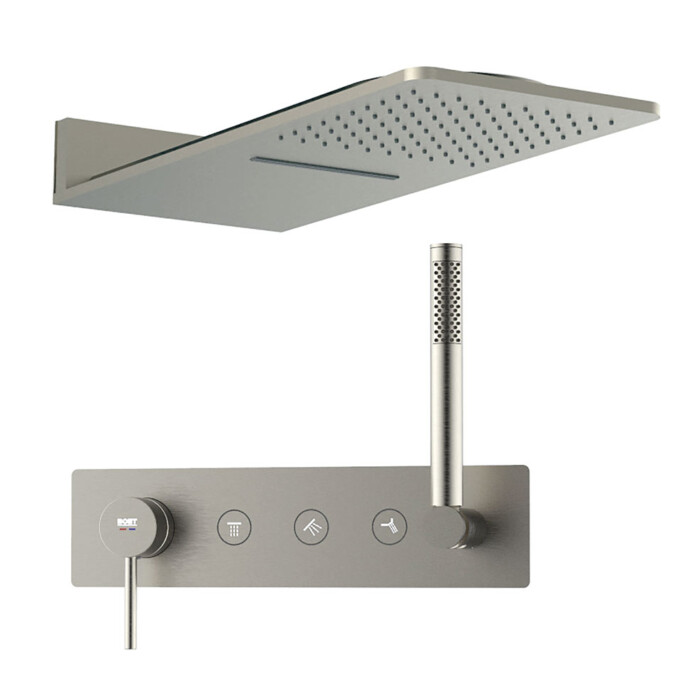 Pack tube monomando ducha empotrada push de 3 vías con accesorios: rociador con cascada slim inox cuadrado