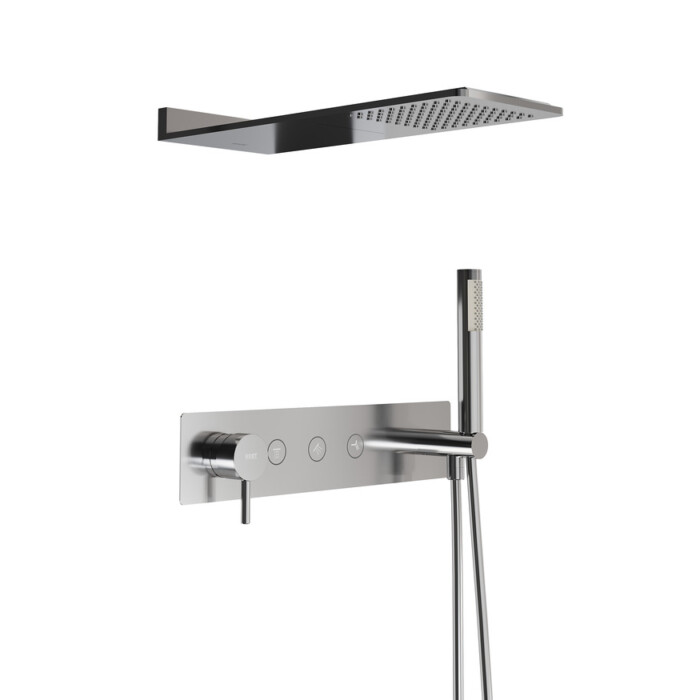 Pack tube monomando ducha empotrada push de 3 vías con accesorios: rociador con cascada slim inox
