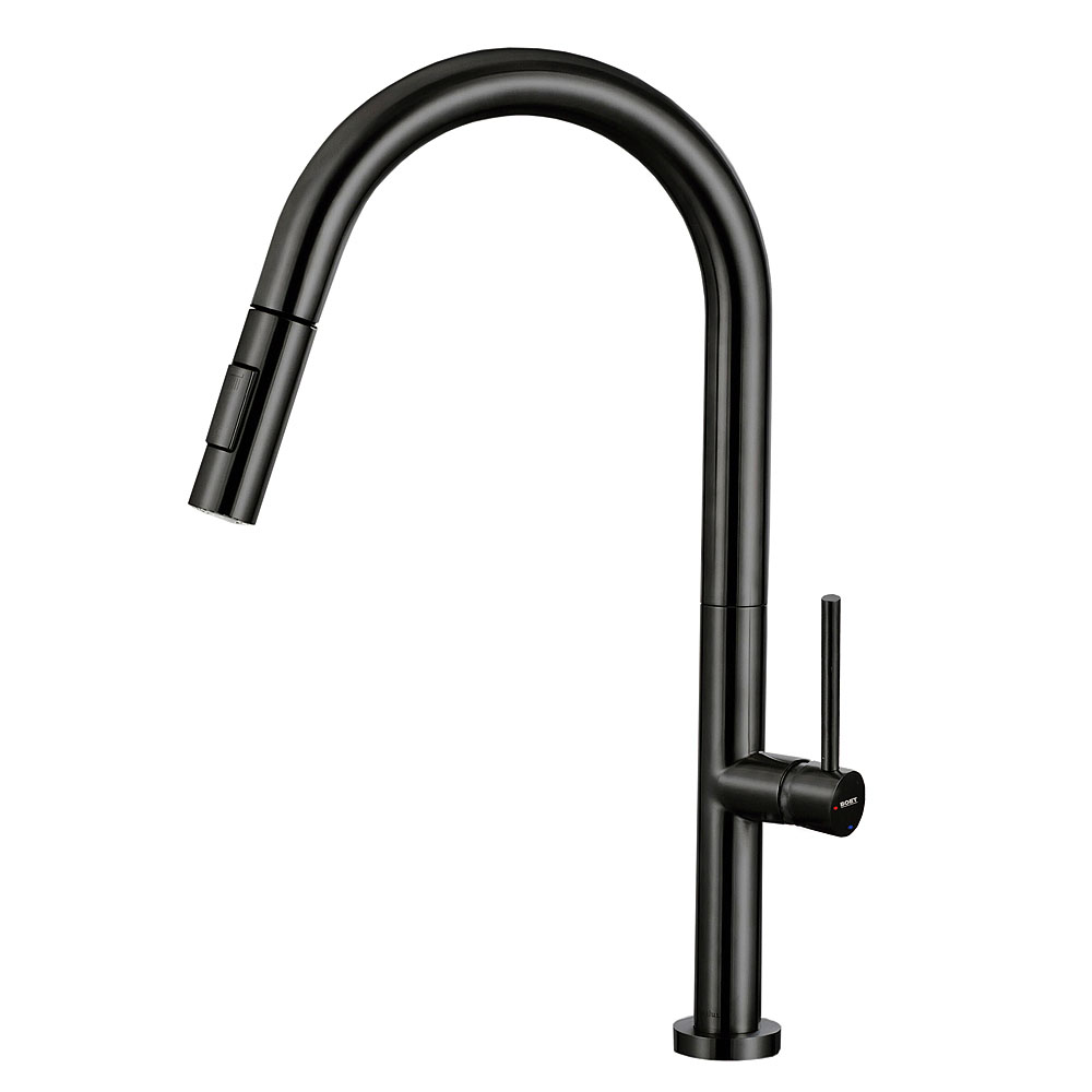 Tube monomando de cocina con caño alto, flexo extraíble y sistema imantado. Con apertura en frío, acabado black mate.