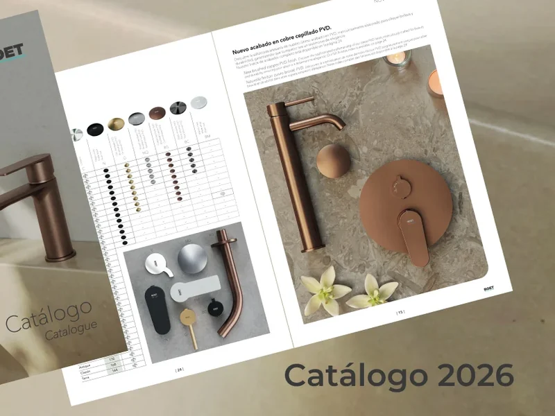 Catálogo 2026 de grifería Boet abierto por la carta de acabados PVD
