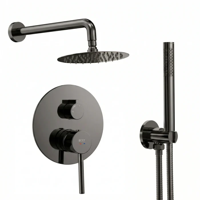 Monomando de ducha empotrada de 2 vías y caudal de 14,3 l/m con brazo de pared, rociador, soporte y toma de agua, flexo y maneral de ducha