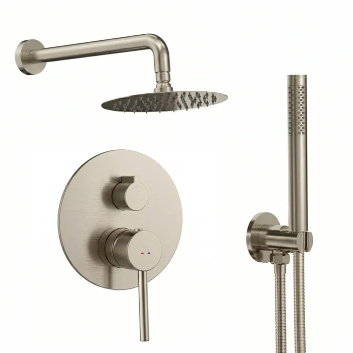 Monomando de ducha empotrada de 2 vías y caudal de 14,3 l/m con brazo de pared, rociador, soporte y toma de agua, flexo y maneral de ducha