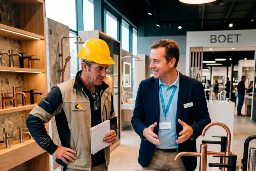 Comercial de Boet atendiendo a un profesional en el showroom